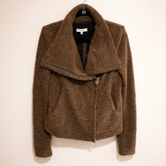 IRO Bessie Jacket Brown Moto Boucle Asymmetric High Funnel Neck SZ 10 US - Picture 2 of 9